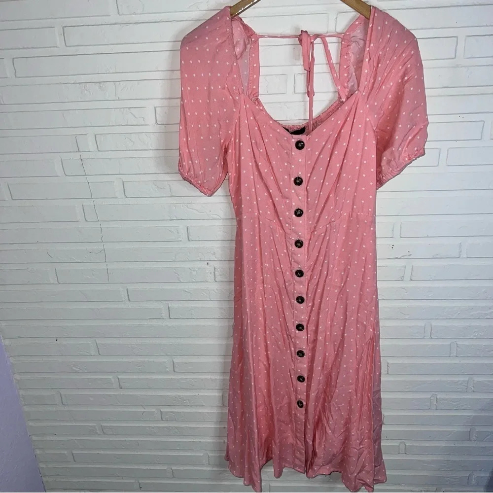 Gibson Pink White Polka Dot Puffed Short Sleeve Midi Smocked Dress, Size Small